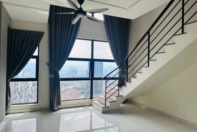 Living features: floor-to-ceiling windows, grey curtains, white painted walls, polished tile flooring, 5-blade ceiling fan, staircase with wooden steps and metal railing, city skyline view; style: modern; view: city.