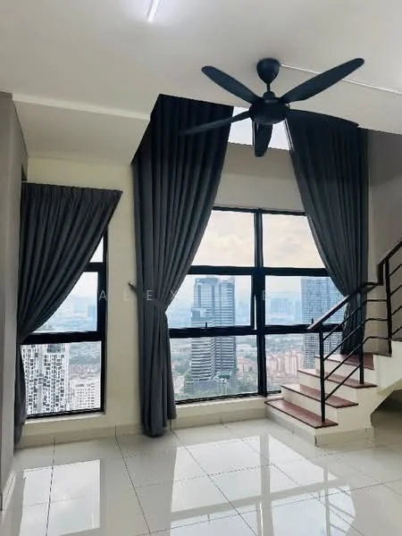 Living features: floor-to-ceiling windows, grey curtains, white walls, polished tile flooring, 5-blade ceiling fan, staircase with wooden steps, metal railing, city skyline view; style: modern; view: city.