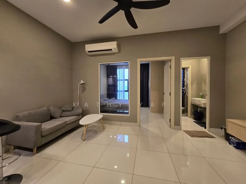 Living features: 3-seater fabric sofa in grey, white coffee table, wall-mounted split AC, floor-to-ceiling windows, white painted walls, glossy white tile flooring, ceiling fan, decorative lamp, open layout to adjacent rooms; style: modern; view: city. Room features: doorway to bathroom, doorway to bedroom, white painted walls, glossy white tile flooring.