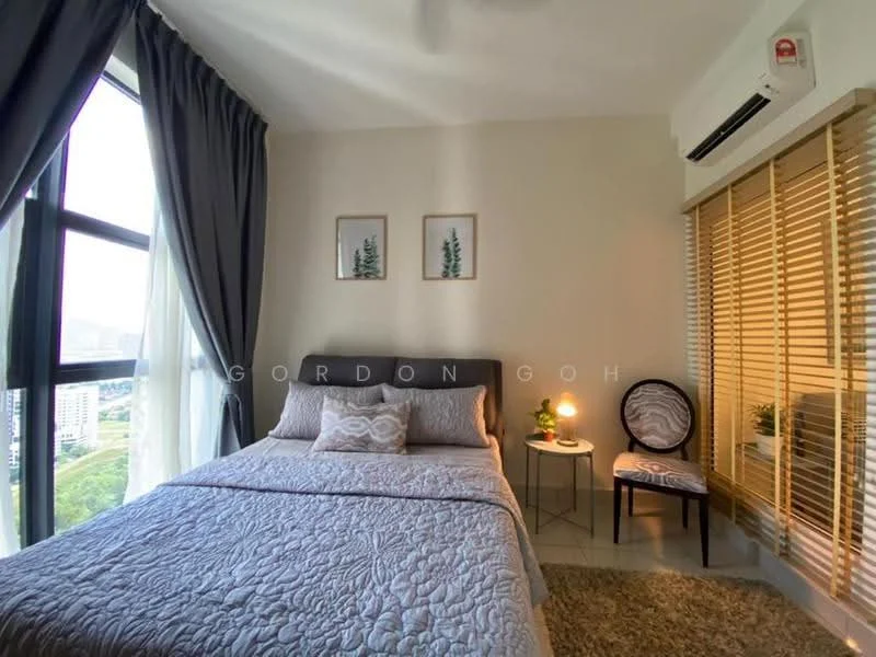 Bedroom features: queen-size bed with grey bedding, upholstered headboard, bedside table with lamp, floor-to-ceiling windows, curtains in grey, wooden blinds, decorative wall art, light-colored flooring, ceiling fan, wall-mounted air conditioning unit; style: modern; view: city.