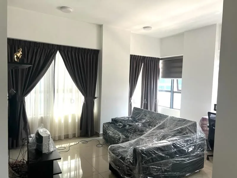 Living features: two 3-seater sofas covered in plastic wrap, floor-to-ceiling windows with sheer curtains, dark grey curtains, glossy tiled flooring, ceiling lights, TV console, decorative item on shelf, dining table visible in background; style: modern.