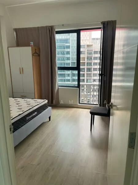 Bedroom features: queen-size bed, light wood flooring, floor-to-ceiling windows, sheer curtains, built-in wardrobe with white doors, wooden chair, city view, neutral wall colour; style: modern; view: city.