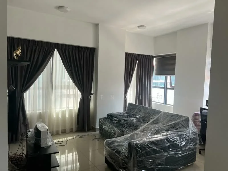Living features: grey fabric sofa, 2-seater sofa, black TV console, floor-to-ceiling windows, sheer curtains, blackout curtains, glossy tile flooring, recessed ceiling lights; style: modern.