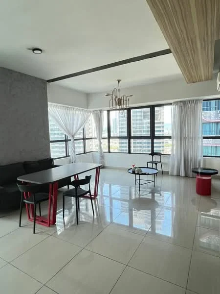 Living features: grey accent wall, white painted walls, large floor-to-ceiling windows, sheer curtains, chandelier, recessed downlights, polished ceramic tile flooring, black sofa, dining table with red legs, black dining chairs, round coffee table, red stool; style: modern; view: city.
