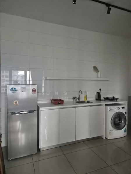 Kitchen features: stainless-steel fridge, white cabinetry, white countertop, single-bowl stainless-steel sink, chrome pull-down faucet, built-in stove, microwave, front-load washing machine, grey tile flooring, white tiled walls, open shelving; style: modern.