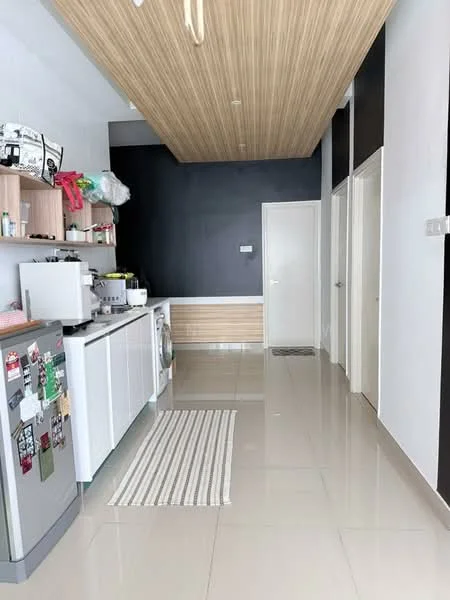 Room features: white cabinets, grey countertop, stainless-steel fridge, front-load washing machine, striped area rug, glossy tile flooring, wooden ceiling, black accent wall, white walls, door to adjacent room; style: modern.