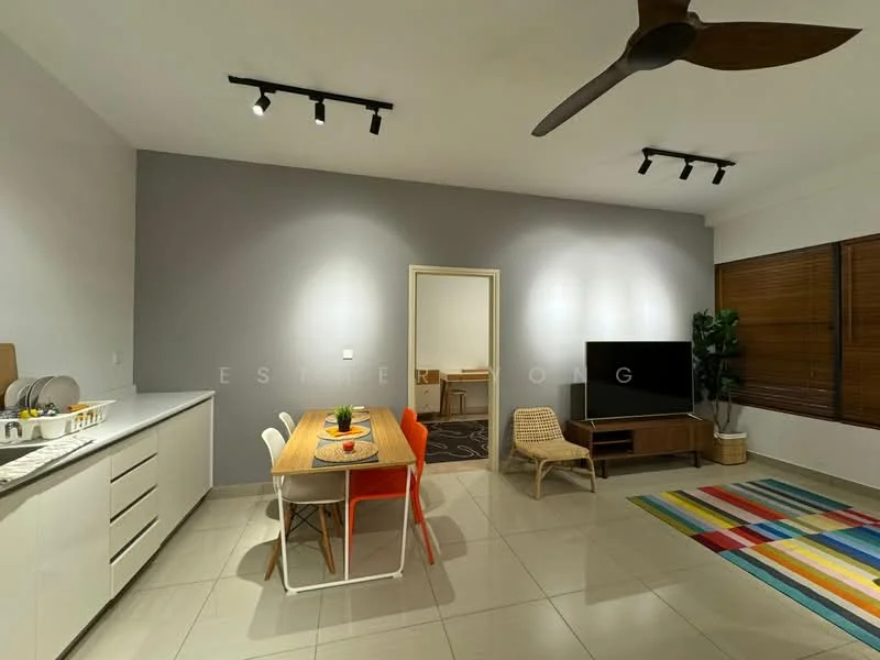 Living features: white painted walls, grey accent wall, recessed downlights, 5-blade ceiling fan, large window with wooden blinds, TV console, wall-mounted TV, area rug with geometric pattern, dining table with 4 chairs, decorative plant, open shelving, tile flooring; style: modern. Kitchen features: white cabinetry, countertop with sink, stainless-steel appliances, kitchen utensils visible; style: modern. Room features: doorway leading to another room.