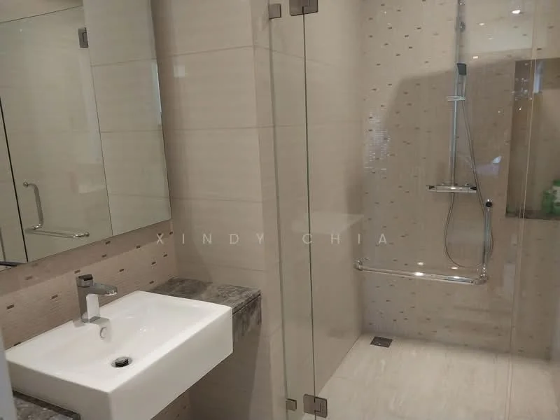 Bathroom features: white square sink, chrome basin mixer faucet, grey granite countertop, walk-in shower with glass enclosure, rain shower head, handheld shower, light beige tiled walls, light beige tiled flooring, mirror above sink, grab bar, wall-mounted shower controls, small floor drain; style: modern.