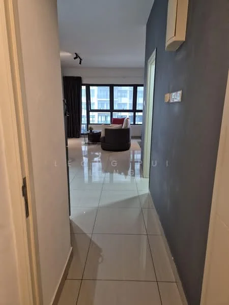 Room features: glossy tile flooring, grey accent wall, white walls, recessed downlights, floor-to-ceiling windows, curtains, open layout, visible living area; style: modern; view: city.