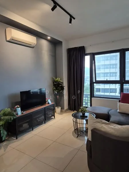 Living features: grey accent wall, cream tiled flooring, floor-to-ceiling windows, blackout curtains, 3-seater fabric sofa in grey, coffee table, TV console, wall-mounted TV, indoor plants, 1 wall-mounted split AC, recessed downlights; style: modern; view: city.
