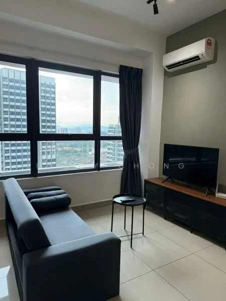 Living features: grey fabric sofa, black side table, wall-mounted TV, dark wood TV console, floor-to-ceiling windows, blackout curtains, 1 wall-mounted split AC, light-colored tile flooring, neutral painted walls, recessed lighting; style: modern; view: city.