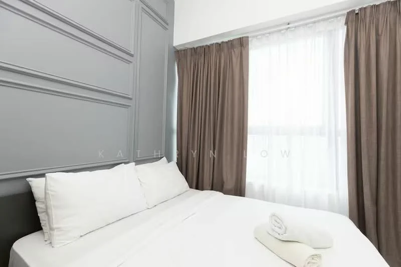 Bedroom features: queen-size bed with white bedding, grey accent wall with paneling, floor-to-ceiling windows, sheer white curtains, brown blackout curtains, decorative pillows, towels rolled on the bed, wooden flooring; style: modern.