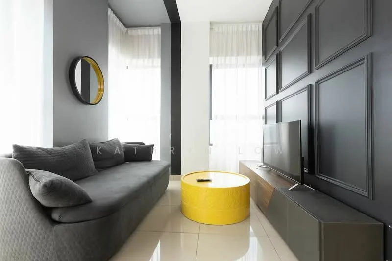 Living features: grey fabric sofa, round yellow coffee table, wall-mounted TV, dark wood TV console, white sheer curtains, black accent wall with paneling, polished tile flooring, decorative round mirror; style: modern.