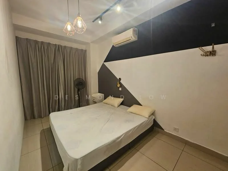 Bedroom features: white painted walls, grey accent wall, tile flooring, queen-size bed, two pillows, ceiling-mounted air conditioning unit, 2 pendant lights, floor fan, curtains, wall-mounted light fixture; style: modern.