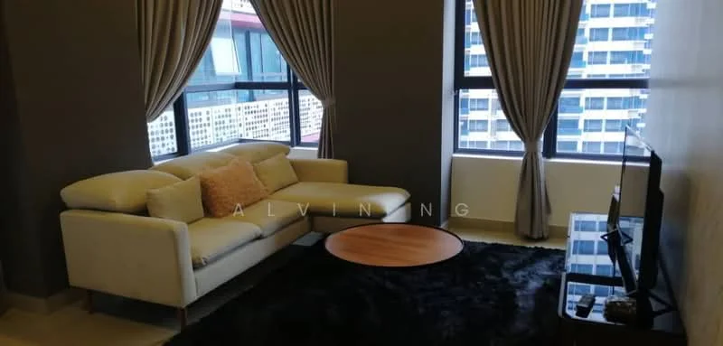 Living features: 3-seater fabric sofa in light beige, round wooden coffee table, black area rug, floor-to-ceiling windows, sheer curtains, dark accent wall, wall-mounted TV, TV console, decorative cushions; style: modern; view: city.