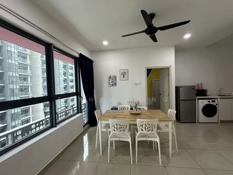 Dining features: dining table with 6 chairs, floor-to-ceiling windows, blackout curtains, white walls, recessed downlights, ceramic tile flooring, ceiling fan, fridge, washing machine; style: modern; view: city.