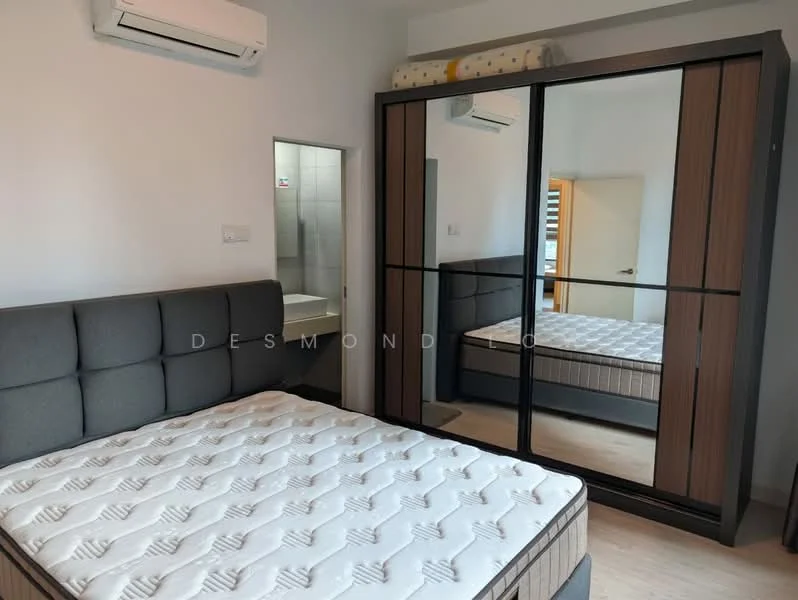 Bedroom features: queen-size bed, upholstered headboard, built-in wardrobe with mirrored doors, wooden flooring, wall-mounted split AC, light-colored walls, window with blinds, decorative throw on bed; style: modern.