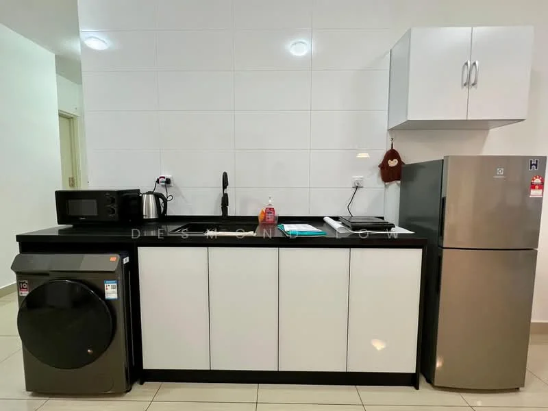 Kitchen features: black countertop, white cabinetry, stainless-steel fridge, microwave, black single-bowl sink, chrome pull-down faucet, front-load washing machine, tile backsplash, ceramic tile flooring, recessed downlights; style: modern.