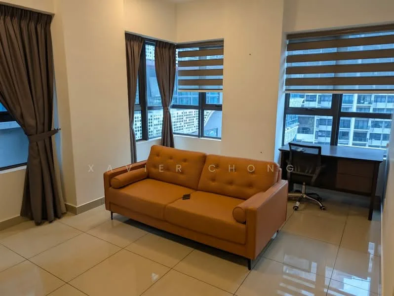 Living features: brown leather sofa, glass coffee table, desk with chair, floor-to-ceiling windows, grey curtains, tile flooring, white painted walls, recessed downlights; style: modern; view: city.