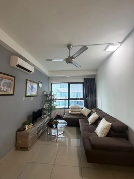 Living features: 3-seater fabric sofa in brown, coffee table with glass top, wall-mounted TV, decorative wall art, floor-to-ceiling windows, curtains, ceiling fan with light, air conditioning unit, tile flooring, light-colored walls, greenery in a pot; style: modern; view: city.