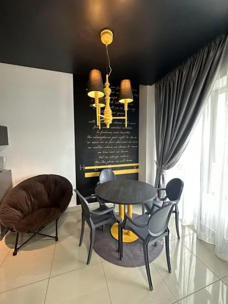 Dining features: round dining table with grey top, 4 upholstered dining chairs in black, grey area rug, black ceiling with pendant lighting, decorative wall with text, floor-to-ceiling curtains in grey, accent wall with yellow and black design, modern light fixtures; style: modern.