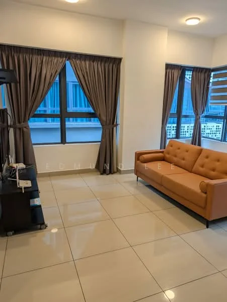 Living features: tan leather sofa, flat-screen TV on black TV console, white painted walls, cream tiled flooring, floor-to-ceiling windows, sheer curtains, dark curtains, recessed ceiling lights; style: modern.