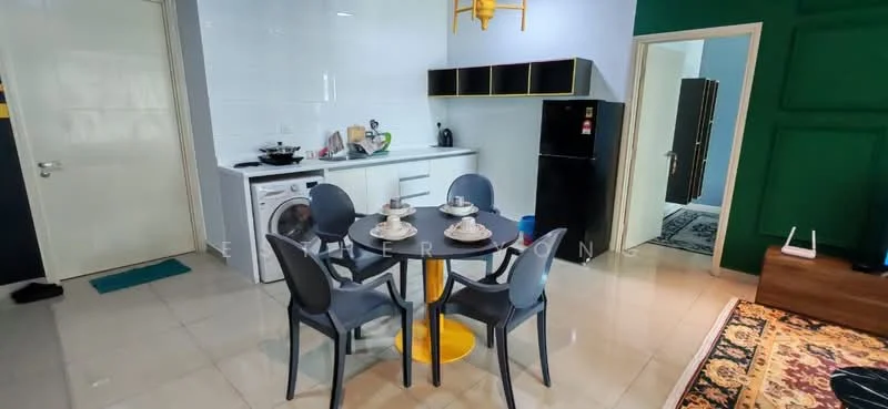 Kitchen features: white tiled walls, light grey cabinetry, black refrigerator, built-in washing machine, round dining table with yellow base, 4 grey dining chairs, ceramic tile flooring, recessed lighting, kitchen countertop, sink, kitchen appliances, open layout; style: modern. Living features: wooden TV cabinet, area rug with geometric pattern, decorative wall, wall-mounted TV, sofa, decorative artwork; style: modern.