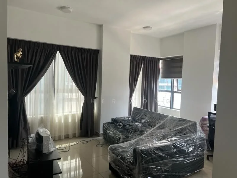 Living features: grey fabric sofa covered in plastic wrap, black TV console, floor-to-ceiling windows with sheer curtains, blackout curtains, glossy tile flooring, recessed ceiling lights, decorative wall with a cat figurine, side table, wired electronics visible; style: modern.