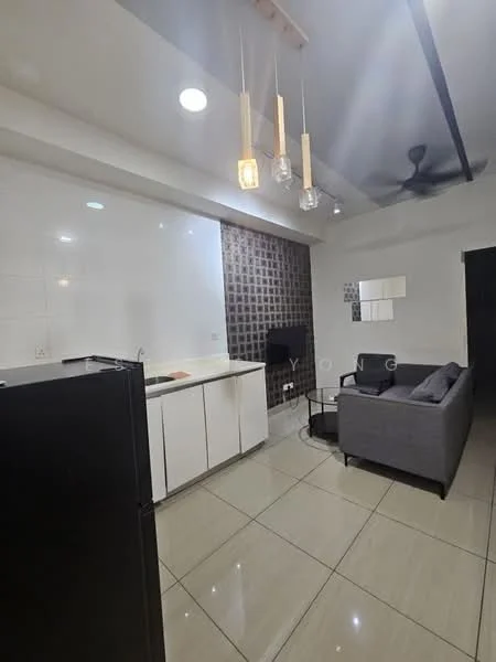 Living features: grey fabric sofa, black coffee table, wall-mounted TV, recessed downlights, 5-blade ceiling fan, white painted walls, glossy tile flooring, kitchenette with white cabinets, black refrigerator, decorative wall with textured tiles; style: modern.