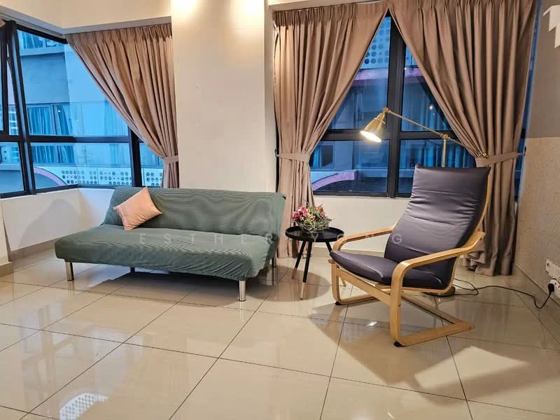 Living features: green fabric sofa, wooden armchair with cushion, floor lamp with adjustable arm, small round side table, decorative potted flowers, large windows with sheer curtains, cream painted walls, glossy tile flooring; style: modern.