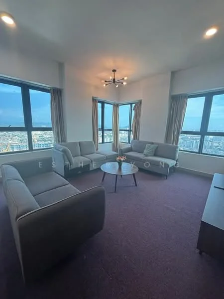 Living features: 3-seater fabric sofa in grey, 2-seater fabric sofa in grey, round coffee table, floor-to-ceiling windows, sheer curtains, carpet flooring in purple, ceiling light fixture with multiple bulbs, decorative plant on table; style: modern; view: city.
