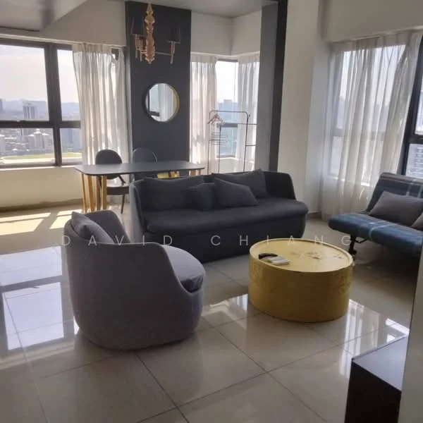 Living features: grey fabric 3-seater sofa, grey accent chair, gold round coffee table, dining table with four chairs, floor-to-ceiling windows, sheer curtains, chandelier, mirror on wall, tile flooring, city view; style: modern; view: city.