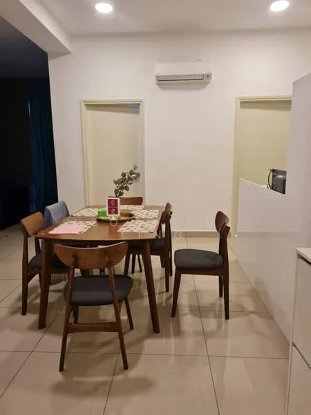 Dining features: dining table with four wooden chairs, table placemats, wall-mounted air conditioning unit, light-colored walls, tile flooring, two doors leading to other rooms, decorative plant on the table, neutral color scheme; style: modern.