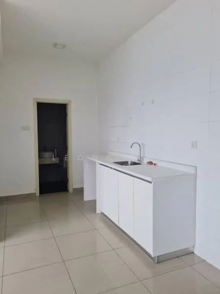 Kitchen features: white cabinetry, single-bowl stainless-steel sink, chrome pull-down faucet, white tiled backsplash, grey floor tiles, wall-mounted lighting, open layout, countertop with overhang; style: modern. Room features: doorway leading to another room, dark wall tiles visible in adjacent room.