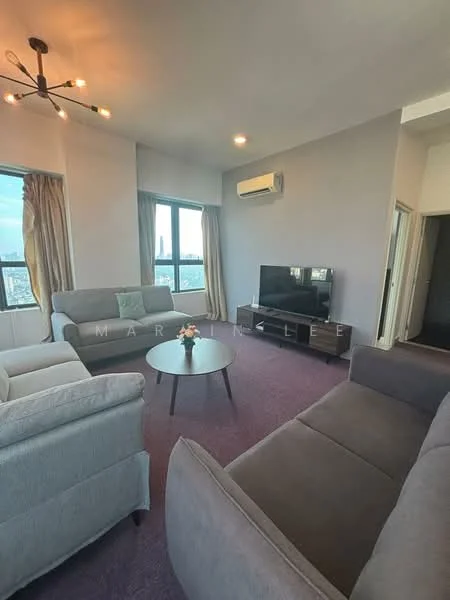 Living features: 3-seater fabric sofa in grey, 2-seater fabric sofa in light grey, round coffee table, wall-mounted TV, floor-to-ceiling windows, curtains, wall-mounted split AC, carpet flooring in purple, ceiling fan with light, decorative wall, light-colored walls; style: modern; view: city.