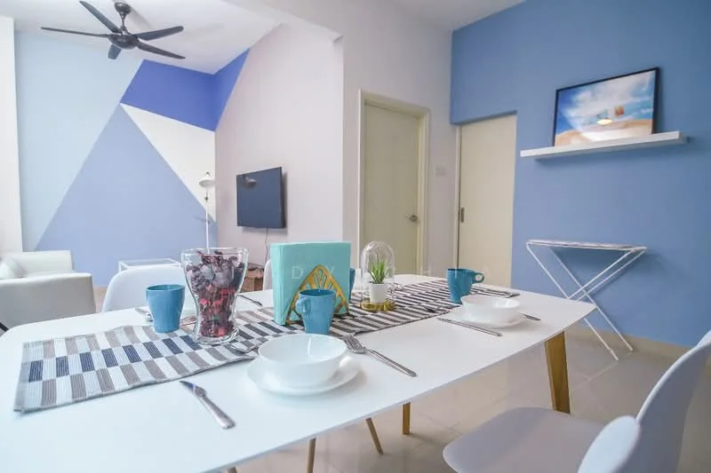 Dining features: white dining table, 4 white dining chairs, striped table runner, 2 blue cups, 2 white bowls, decorative vase with plant, glass jar with red decorative items, wall-mounted shelf, blue accent wall, light grey tiled flooring, ceiling fan with light, framed artwork on wall; style: modern.
