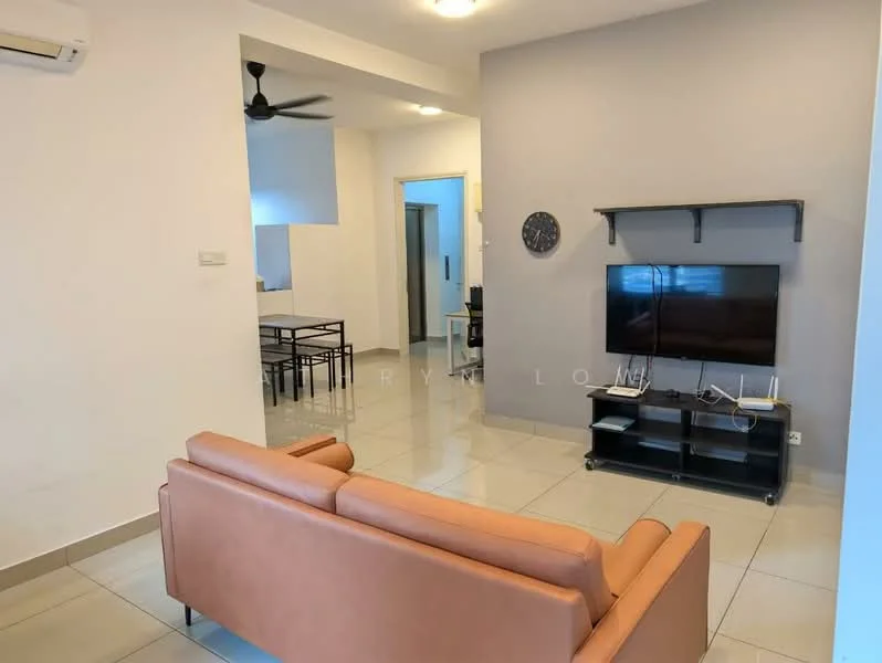 Living features: 3-seater leather sofa in light brown, wall-mounted TV, TV console, ceiling fan, wall clock, recessed lighting, cream painted walls, glossy tile flooring, open layout to dining area, window with natural light; style: modern.