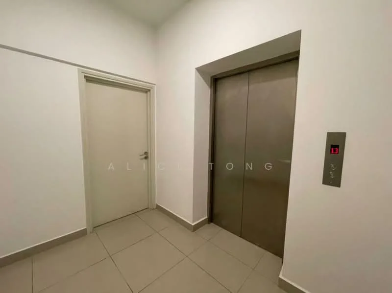 Room features: grey tiled flooring, white painted walls, white ceiling, elevator with metal doors, elevator control panel, single door, door handle; style: modern.