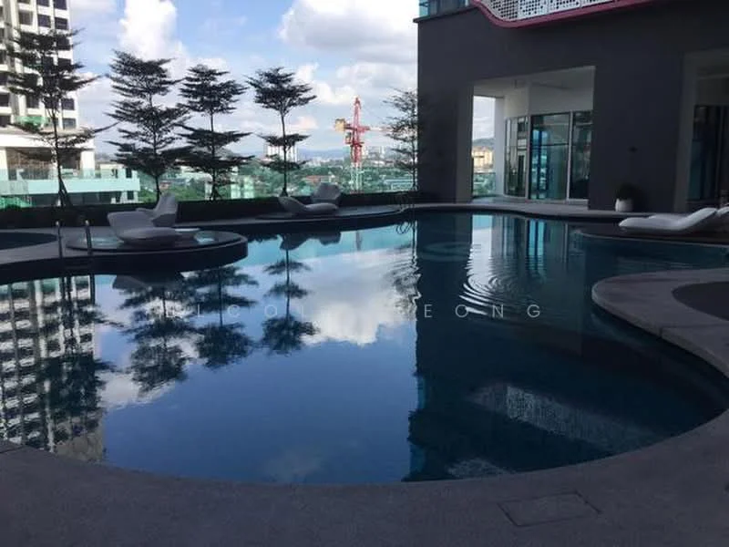 Exterior type: swimming pool deck; features: infinity pool, pool deck with loungers, surrounded by landscaped greenery, modern architecture, reflective water surface, city skyline view in background; style: modern.