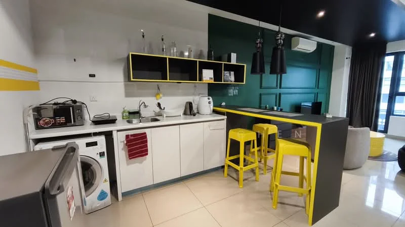 Kitchen features: white cabinets, black countertop, stainless-steel sink, chrome pull-down faucet, built-in microwave, freestanding washing machine, stainless-steel fridge, 3 yellow bar stools, open shelving, pendant lighting, tile flooring, green accent wall, black wall with decorative panels, window with curtains; style: modern.