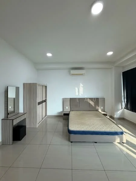 Bedroom features: white painted walls, grey tiled flooring, ceiling with recessed downlights, wall-mounted split AC, queen-size bed frame without mattress, wooden headboard, built-in wardrobe with sliding doors, dressing table with mirror, black bedside table, black window blinds; style: modern.