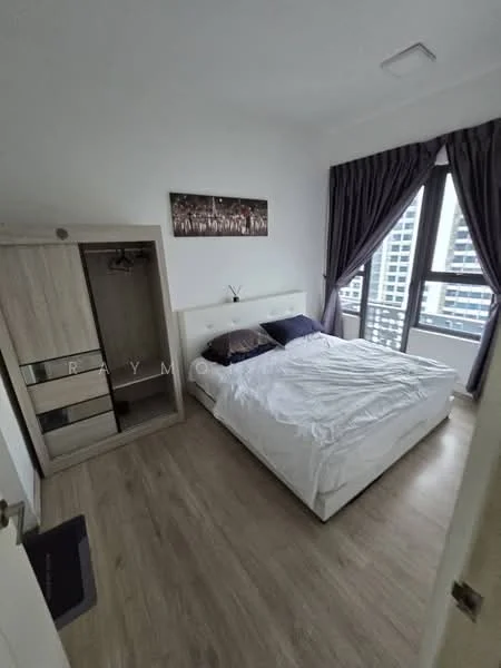 Bedroom features: queen-size bed with white bedding, wooden flooring, floor-to-ceiling windows, grey curtains, built-in wardrobe with sliding doors, decorative wall art, nightstand, light fixture on ceiling; style: modern; view: city.