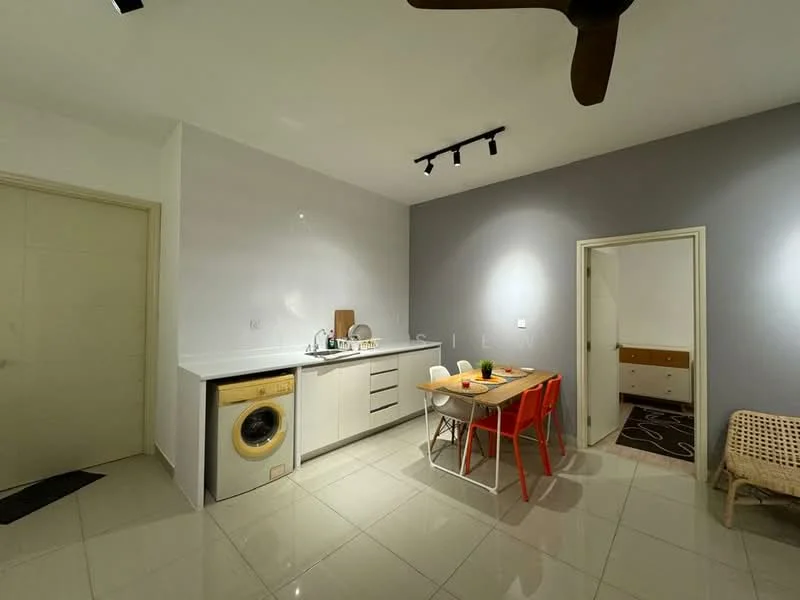 Laundry features: white cabinetry, grey accent wall, white countertop, washing machine, dining table with red chairs, recessed LED downlights, floor-to-ceiling door, tile flooring; style: modern. Room features: doorway to adjacent room, light switch.