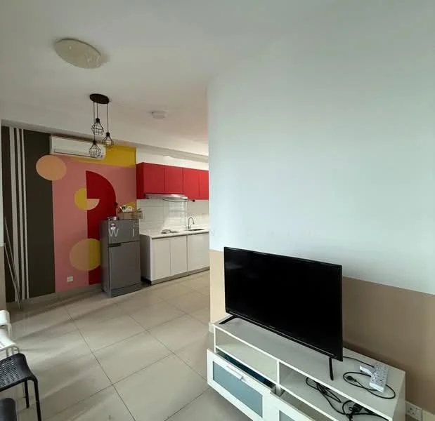 Living features: white walls, grey tiled flooring, ceiling light fixture, wall-mounted TV, TV console, air conditioning unit, open layout to kitchen, decorative wall with geometric patterns, refrigerator, kitchen cabinets in red, white countertops, stainless-steel sink; style: modern.