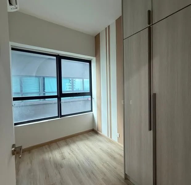 Room features: light wood laminate flooring, white painted walls, accent wall with vertical stripes in beige and brown, floor-to-ceiling windows, built-in wardrobe with sliding doors, air conditioning unit on wall; style: modern; view: city.