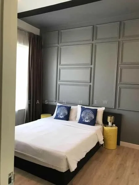 Bedroom features: queen-size bed with white bedding, upholstered headboard, two decorative pillows with shell pattern, light wood flooring, grey accent wall with paneling, floor-to-ceiling window with sheer curtains, yellow bedside tables, table lamp on one bedside table; style: modern.