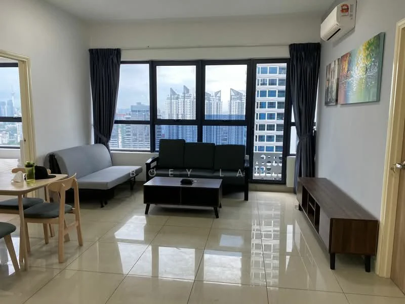 Living features: floor-to-ceiling windows, grey fabric sofa, 2-seater sofa, coffee table, TV console, wall-mounted TV, ceramic tile flooring, air conditioning unit, decorative artwork on walls, curtains, light-colored walls, wooden sideboard; style: modern; view: city.