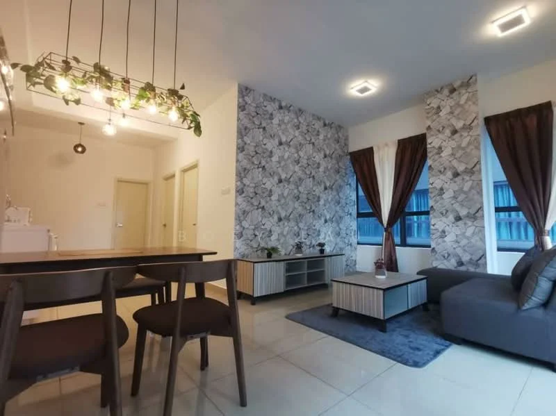 Living features: grey fabric L-shape sectional sofa, wooden coffee table, TV console, area rug with geometric pattern, wall-mounted TV, decorative wall with stone cladding, two large windows with sheer curtains, hanging pendant lights, dining table with four chairs, cream painted walls, tile flooring, recessed ceiling lights; style: modern.