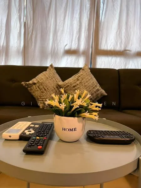 Living features: 3-seater fabric sofa in dark grey, decorative throw pillows in plaid pattern, round coffee table, flower arrangement in decorative pot, remote controls on table, sheer curtains, natural light from window; style: modern.