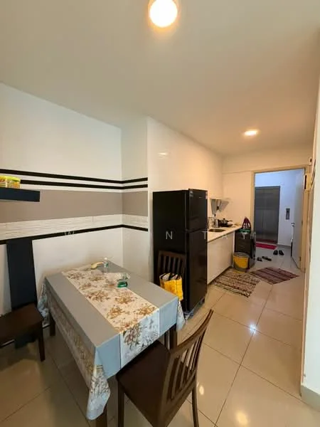 Kitchen features: white painted walls, tile flooring, recessed downlights, kitchen cabinets, black refrigerator, stainless-steel sink, countertop, dining table with tablecloth, wooden dining chairs, kitchen appliances, rug on floor; style: modern.